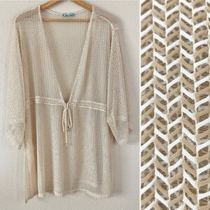 Plus Size Tunic Swim Cover-Up 2X Tie Waist Kimono Sleeve Neutral Vacation Beach